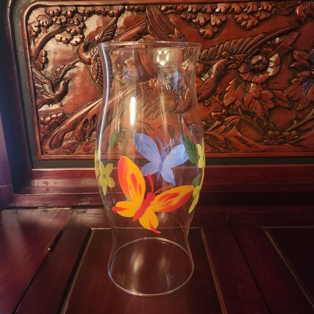 Hand Painted Glass Hurricane Candle Holder with Butterflies & Flowers 11" H